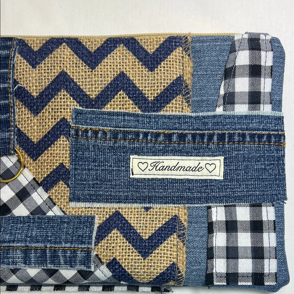 Handmade Blue and Tan Patchwork Clutch - Picture 3 of 7